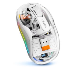 Cliptec Rzs636 Dual Mode 24000Dpi Transparent Rechargeable Rgb Silent Wireless Mouse – White